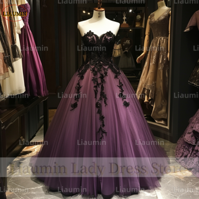 Purple Tulle and Black Lace Applique Strapless Full Length Tull Prom Dress Evening Dress Custom Hand Made A4-3.5
