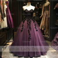 Purple Tulle and Black Lace Applique Strapless Full Length Tull Prom Dress Evening Dress Custom Hand Made A4-3.5 - Thumbnail 3