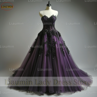 Purple Tulle and Black Lace Applique Strapless Full Length Tull Prom Dress Evening Dress Custom Hand Made A4-3.7