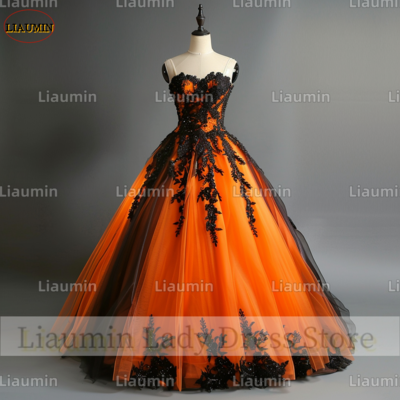 Orange and Black Lace Applique Strapless Full Length Tull Prom Dress Evening Dress Custom Hand Made A4-4.1