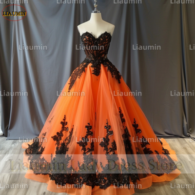 Orange tulle and black lace applique strapless full length tull prom dress evening dress custom hand made a4-4.2