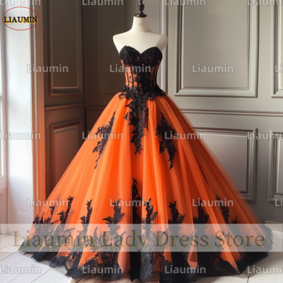 Orange tulle black lace applique strapless full length prom dress evening dress custom hand made a4-4.3