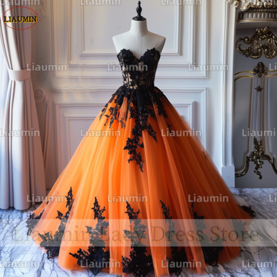 Orange Tulle and Black Lace Applique Strapless Full Length Tull Prom Dress Evening Dress Custom Hand Made A4-5.1