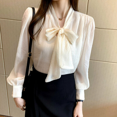 Vintage Ruffle Beads Embellished Hemline Strap Tie Big Bow Knot Lantern Puffy Sleeves Ruched Blouse Y2K Engagement Party Office Hot Style Amazing