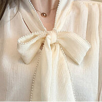 Vintage Ruffle Beads Embellished Hemline Strap Tie Big Bow Knot Lantern Puffy Sleeves Ruched Blouse Y2K Engagement Party Office Hot Style Amazing - Thumbnail 2