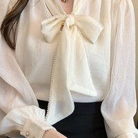 Vintage Ruffle Beads Embellished Hemline Strap Tie Big Bow Knot Lantern Puffy Sleeves Ruched Blouse Y2K Engagement Party Office Hot Style Amazing - Thumbnail 3