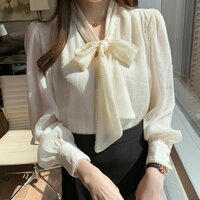 Vintage Ruffle Beads Embellished Hemline Strap Tie Big Bow Knot Lantern Puffy Sleeves Ruched Blouse Y2K Engagement Party Office Hot Style Amazing - Thumbnail 4