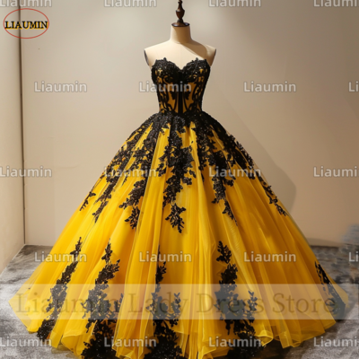 Yellow tulle and black lace applique strapless full length tull prom dress evening dress custom hand made a4-7.1