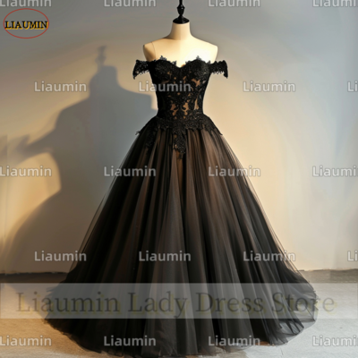 Black Tulle Lace Applique Strapless Full Length Tull Prom Dress Evening Dress Custom Hand Made A4-8.2