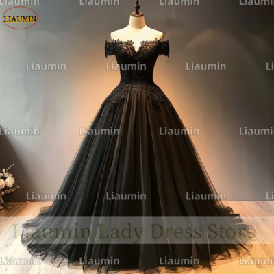 Black tulle lace applique strapless full length tull prom dress evening dress custom hand made a4-8.5