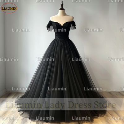 Black tulle lace applique strapless full length tull prom dress evening dress custom hand made a4-8.4