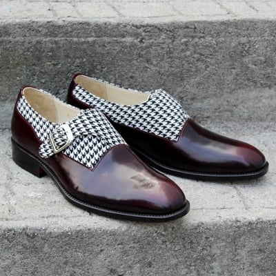 Crafted leather unique and classic houndstooth fabric & patina monk strap dress shoes - Thumbnail 3