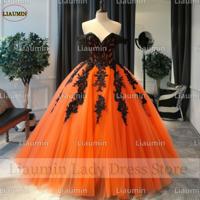Orange tulle and black lace applique strapless full length tull prom dress evening dress custom hand made a4-10.1
