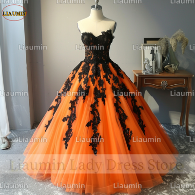 Orange Tulle Black Lace Applique Strapless Full Length Prom Dress Evening Dress Custom Hand Made A4-10.4