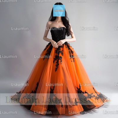 Orange Tulle Black Lace Applique Strapless Full Length Prom Dress Evening Dress Custom Hand Made A4-11.3