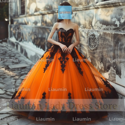 Orange tulle and black lace applique strapless full length tull prom dress evening dress custom hand made a4-10.7