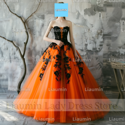 Orange and black lace applique strapless full length tull prom dress evening dress custom hand made a4-11.4 - Thumbnail 2