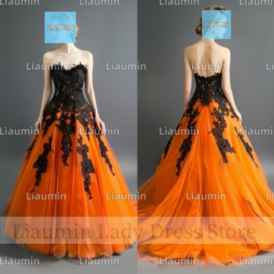 Orange tulle and black lace applique strapless full length tull prom dress evening dress custom hand made a4-11.6
