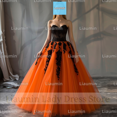 Orange Tulle and Black Lace Applique Strapless Full Length Tull Prom Dress Evening Dress Custom Hand Made A4-11.8
