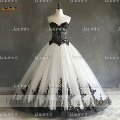 White tulle and black lace applique strapless full length tull prom dress evening dress custom hand made a4-12.2