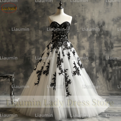 White tulle black lace applique strapless full length prom dress evening dress custom hand made a4-12.4