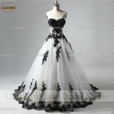 White tulle and black lace applique strapless full length tull prom dress evening dress custom hand made a4-12.3 - Thumbnail 1