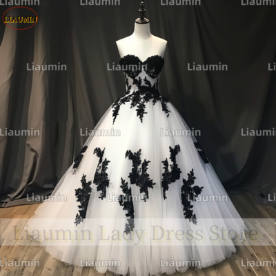 White Tulle and Black Lace Applique Strapless Full Length Tull Prom Dress Evening Dress Custom Hand Made A4-12.5