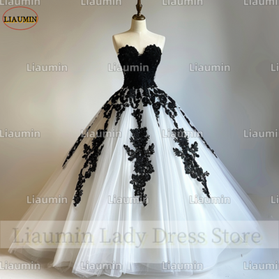 White tulle and black lace applique strapless full length tull prom dress evening dress custom hand made a4-12.1