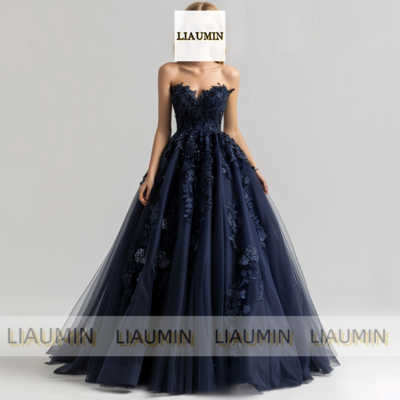 Navy Blue Strapless Full Length Tull Prom Dress Evening Dress Custom Hand Made A4-13.1