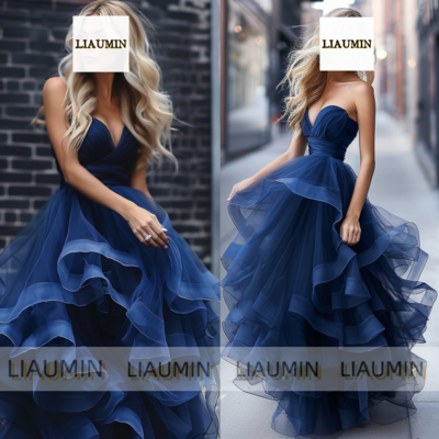 Navy Blue Strapless Full Length Tull Prom Dress Evening Dress Custom Hand Made A4-13.9