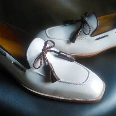 Elegant men's handmade  cow white leather tassels loafer party wear shoes