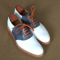 New Handmade men two tone shoes, blue and white moccasin shoes, dress shoes for - Thumbnail 1