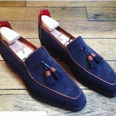 Handmade men elegant suede tassels shoes, men navy blue driving shoes, men shoes