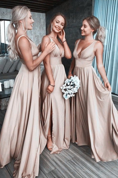 V Neck Champagne Silk Satin  Bridesmaid Dresses with Slit