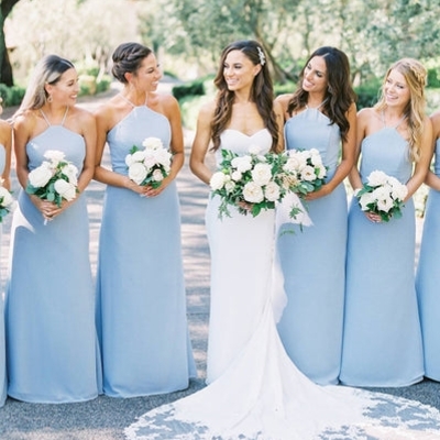 Sheath straps blue chiffon long bridesmaid dresses