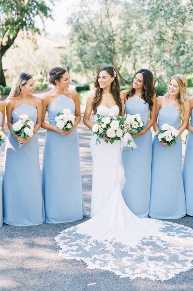 Sheath Straps Blue Chiffon Long Bridesmaid Dresses
