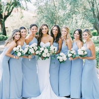 Sheath Straps Blue Chiffon Long Bridesmaid Dresses - Thumbnail 1