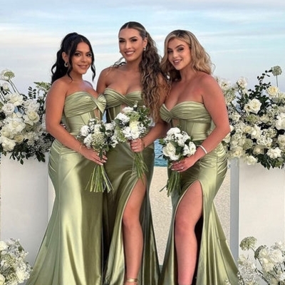 Mermaid sweetheart sage bridesmaid dresses with slit