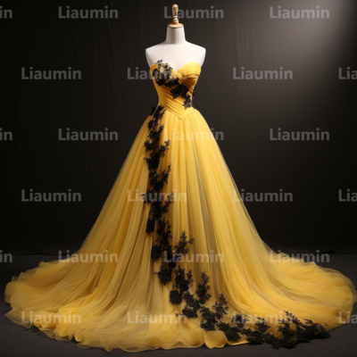 Yellow tulle and black lace applique strapless full length prom dress evening dress custom hand made a2-6.1