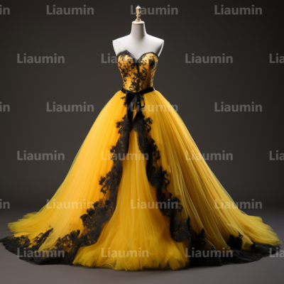 Yellow Tulle and Black Lace Applique Strapless Full Length Tull Prom Dress Evening Dress Custom Hand Made A2-6.3