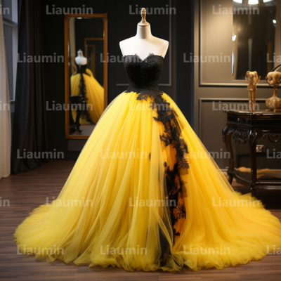 Yellow tulle and black lace applique strapless full length tull prom dress evening dress custom hand made a2-6.4