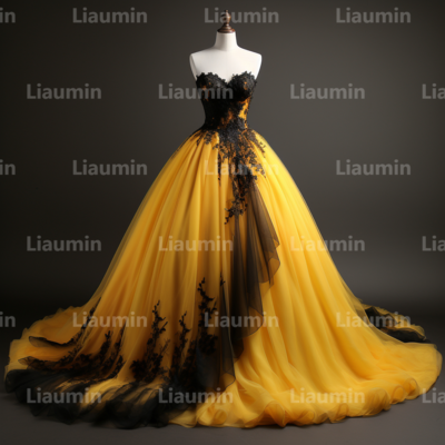 Yellow tulle and black lace applique strapless full length tull prom dress evening dress custom hand made a2-6.6