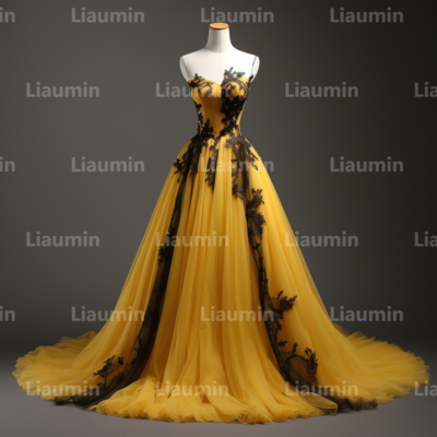 Yellow Tulle and Black Lace Applique Strapless Full Length Tull Prom Dress Evening Dress Custom Hand Made A2-6.8