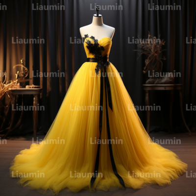 Yellow Tulle and Black Lace Applique Strapless Full Length Tull Prom Dress Evening Dress Custom Hand Made A2-6.9