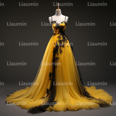 Yellow tulle and black lace applique strapless full length tull prom dress evening dress custom hand made a2-6.10