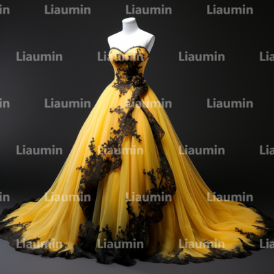 Yellow tulle and black lace applique strapless full length tull prom dress evening dress custom hand made a2-6.7