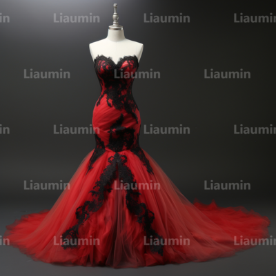 Red tulle and black lace applique strapless full length tull prom dress evening dress custom hand made a2-8.1