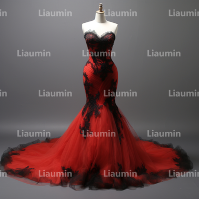 Red Tulle and Black Lace Applique Strapless Full Length Tull Prom Dress Evening Dress Custom Hand Made A2-8.28
