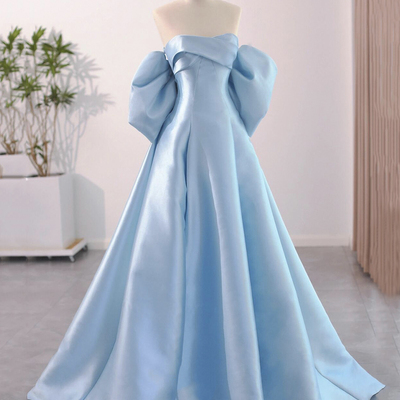 Blue satin floor length a-line prom dress - Thumbnail 2