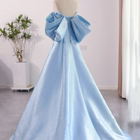 Blue Satin Floor Length A-Line Prom Dress - Thumbnail 1